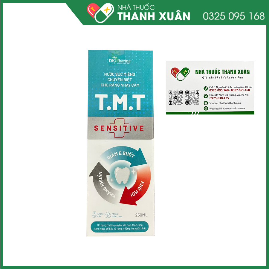 Nước súc miệng T.M.T Sensitive giúp hỗ trợ giảm ê buốt răng, sát khuẩn miệng, ngăn ngừa mảng bám và vi khuẩn, hỗ trợ phòng ngừa sâu răng, viêm lợi và các bệnh nhiễm khuẩn miệng họng